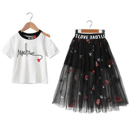 Cute Kids Girls Casual Short Sleeve Costume Set Summer Letter Print T-shirt+embroidery Mesh Skirts Suits 2Pcs Princess Dress X0902