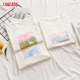 Tangada Women Deer Print Cotton T Shirt Short Sleeve O Neck Tees Ladies Casual Tee Shirt Street Wear Top 2Y13 210609