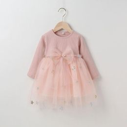 Girl's Dresses Autumn Baby Girls Toddlers Children's Long Sleeve Dress With Stitching Mesh Bow Waist Sparkling Sequins Little Princess Costu