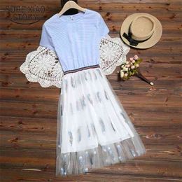 Dress women summer elegant casual dress pink and blue Striped A-Line Short Knee-Length O-Neck dresses 3517 50 210510