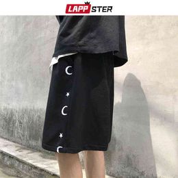 LAPPSTER Men Moon Print Casual Cotton Shorts 2021 Summer Mens Korean Fashions Joggers Pants Male Streeetwear Black Sweat Shorts H1210