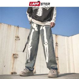 LAPPSTER Men Skeleton Oversized Black Jeans Pants Denim Mens Streetwear Hip Hop Harem Pants High Wasit Denim Pants Overalls 211120