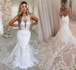 2021 Boho Beach Wedding Dresses Bridal Gown Lace Applique Sexy Backless Criss Cross Straps Covered Buttons Mermaid Illusion Vestido De Novia Custom Made 403 403