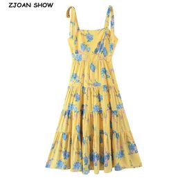 Vintage Yellow Floral Print Bandage Spaghetti Strap Ruched hem Midi Dress Retro Sexy Women Tie Bow Sling Swing Summer Vestido 210429