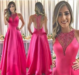 Fuchsia Satin Evening Dresses Designer Beaded Sleeveless Illusion Back A Line Floor Length Custom Made Prom Party Gowns Formal Occasion Wear vestido