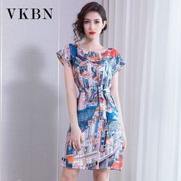 VKBN Summer Dress Women Mulberry Silk Short Sleeve O-Neck Sashes Geometric Printing Sexy Dresses Party Night 210507