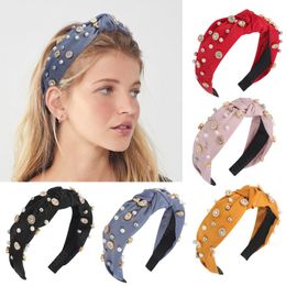 Fashion Rhinestone Pearl Cross Knotted Headbands for Women Girls Solid Hairbands Hair Accessories Vinatge Headwear