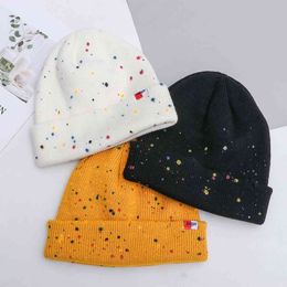 Keep warm Cold cap Winter Big head circumference Manual Inkjet Trendy hat Knitted hat Y21111