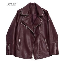 Faux Soft Leather Loose Jacket Women Autumn Turndown Collar Rivet Zipper Black Punk Overcoat Female Pu Biker Jackets 210430