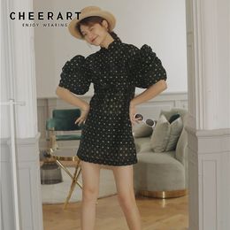 Vintage Puff Sleeve Summer Jacquard Elegant Dress Women Short Mandarin Collar Mini Black Fashion 210427