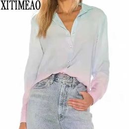 ZA Fashion Retro Tie Dye Printing Lapel Blouse Women Elegant Loose Long Sleeve Shirts Casual Chic Tops 210602