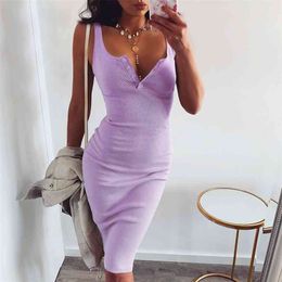 summer knit dresses V-neck sexy tight party slim for womens Casual A-Line Sleeveless Button midi fashion 210508