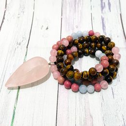 SN1393 New Design Women`s Rose Quartz Yoga Mala Bracelet Natutal Rhodonite 108 Mala Bracelet Aquamarine Beaded Necklace