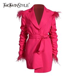 Casual Ruched Blazer Dress For Women Notched Long Sleeve High Waist Lace Up Bowknot Patchwork Tassel Dresses Female 210520