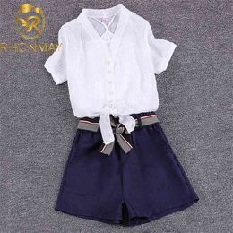 3 Piece Set Women Summer Clothing Fashion Vintage Chiffon Shirt Short Sleeve + Belt Vest Skirt Suits 210506