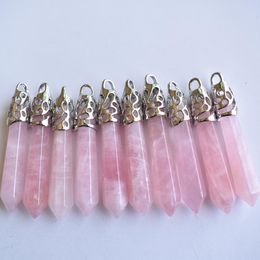 Natural stone pink quartz Hexagonal pillar charms pendants jewelry necklace earrings making