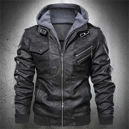 Men Autumn Leather Jacket Hooded Motorcycle Jacket Pu Faux Leather Fashion Punk Style Jacket Male Casual Fall Leather Coat 211110