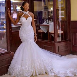 2022 Arabic Aso Ebi Vintage Lace Beaded Wedding Dresses Sheer Neck Mermaid Bridal Dresses Sexy Cheap Wedding Gowns Dress