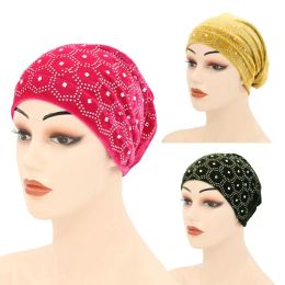 Solid Colour gold velvet hijabs cap for women muslim wrap head scarf turban bonnet with drill inner hijab underscarf caps