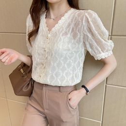 Ximandi Womens Solid Lace V-Neck Short Sleeve Chiffon T-Shirt Blouse Casual Korean Style Tops 
