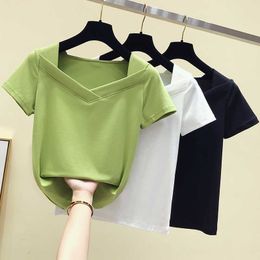 Cotton Korean Sexy V-Neck Purple T shirt Women Clothes Summer Short Sleeve Casual TShirt Female Tops Tee Shirt Femme 210604