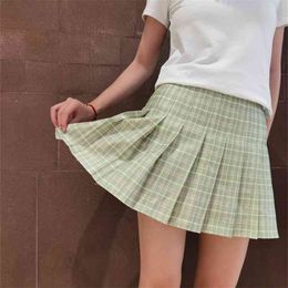 OEM XS-XXL Spring Summer Women Skirts Student Girl Striped Pleated Waist Female Sweet Mini Dance Plaid Black White Pink Skirt 210629