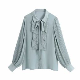 Women Cascading Ruffle Chiffon Shirt Casual Femme Pressed Pleat Lantern Sleeve Blouse Lady Loose Tops Blusas S8158 210721