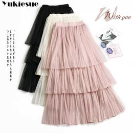 Summer Women Boho Long Skirt High Waist Ruffles Beach s Pink Jupe Femme Tulle Saia Midi Faldas 210608