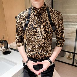 Leopard Print Men Shirt Half Sleeve Night Club Party Tuxedo Shirts Casual Slim Fit Streetwear Social Blusa Camisas Para Hombre 210527