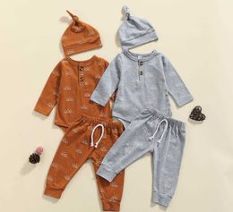 Fall Spring Newborn Baby Boys Clothes Cotton Long Sleeve Romper Trousers Hat Sun Print Elastic Waist Boys Clothing G1023