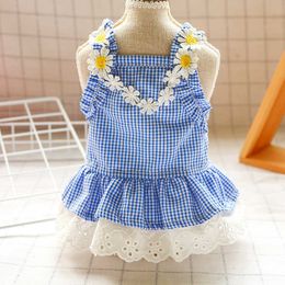 Dress Mini Blue Grid Sun Lace Spring Summer Pets Outfits Clothes For Small Party Dog Skirt Puppy Pet Costume