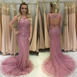 Sparkle Bling Lavender Crystal Mermaid Evening Dresses Scooped Neck Major Beading Cutaway Sides Tulle Zipper Back Pageant Dresses Prom Gowns