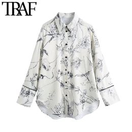 TRAF Women Fashion Floral Print Loose Asymmetric Blouses Vintage Long Sleeve Button-up Female Shirts Blusas Chic Tops 210317