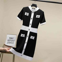 Women Summer Single Breasted High Waist Hit Colour Knit Dresses Fashion Short Sleeve Button Package Hip Sweater Dress Ropa Mujer 210514