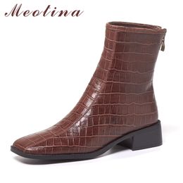 Short Boots Women Shoes Genuine Leather Mid Heel Ankle Square Toe Chunky Heels Zip Lady Autumn Brown Black 210517