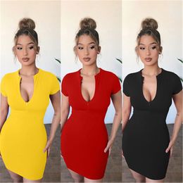 Womens Solid Color Sexy Skinny Dresses Fashion Trend Zipper V-neck Short Sleeve High Waist Pack Hip Skirts Designer Female Casual Nightclub Dress