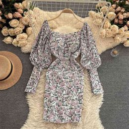 Spring Style European American Holiday Vestidos Female Temperament Square Neck Puff Sleeve Floral Mini Dress GK625 210506
