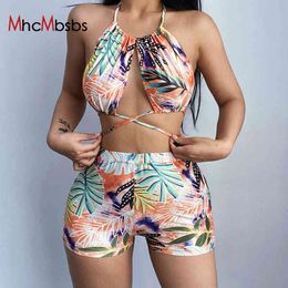 Halter Printed Bandage High Waist Bikini Women Beach Swimsuit Backless Swimwear Two-pieces Shorts Set Bather Bathing Suit 210517