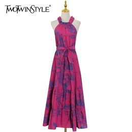 Print Casual Dress For Women Stand Collar Sleeveless High Waist Pleated Hit Colour Mid Dresses Females Fashion Style 210520