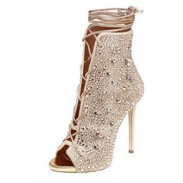 Sandals Gladiator Diamond Bandage Open Toe Ankle Lace-up Hollow High Heel Women's Crystal Wedding Shoes Pumps Sandalias