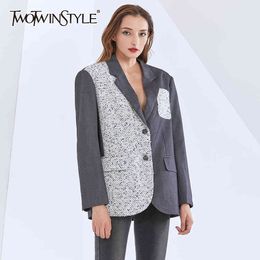 Patchwork Hit Colour Blazer For Women Notched Long Sleeve Casual Blazers Female Fashion Clothing Fall 210524