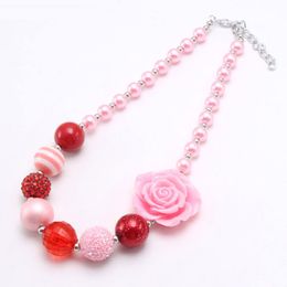 Charm pink flower beads necklaces girls kids diy rhinestone chunky bubblegum necklace for valentine's Day Jewellery