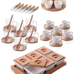 High Quality Wood Bamboo Breakfast Team Clamshell Tray Tea Set Mug Coffee Cup Sauce Spoon Knife Presentation Service 211108