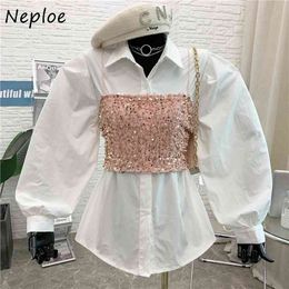 Neploe Turn Down Collar Long Sleeve Single Breast Blouse Women Sequined Patchwork Camis Fashion Blusas Spring Shirt 210510