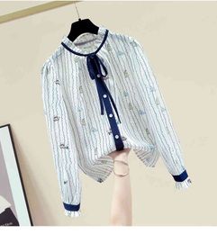 Autumn Women's Bow Collar Long Sleeves Print Chiffon Shirts Ladies Casual Shirt Blouse Tops A3670 210428