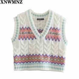y2k Women Fashion Loose Cropped Cable-Knit Vest Sweater Vintage V Neck Sleeveless Female Waistcoat Chic Tops 210520