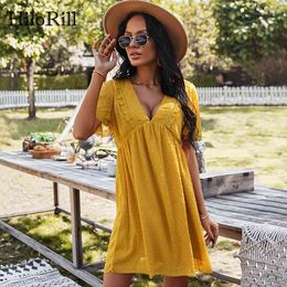 Summer Women Chic V Neck Lace Chiffon Dress Dot Embroidery Boho Beach Flare Short Sleeve Ruffles Mini es 210508