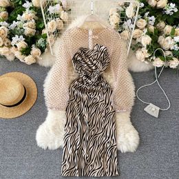 Women Mesh Polka Dot Zebra Striped Patchwork Dress Women Elegant Khaki Long Sleeve O-Neck Vestidos Autumn Winter 2020 Fashion Y0603