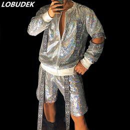 Men's Loose Silver Two-piece Set Hip Hop Dance Stage Wear Fashion Hollow Out Shiny Sequins Jacket Pants Baseball Suit Nightclub Tide Jazz Rock Performance Costume