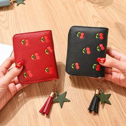 Hand Bags Women Girls Short Wallet Small PU Leather Cherry Embroidery Coin Purse Card Lady Girl Mini Money Bag